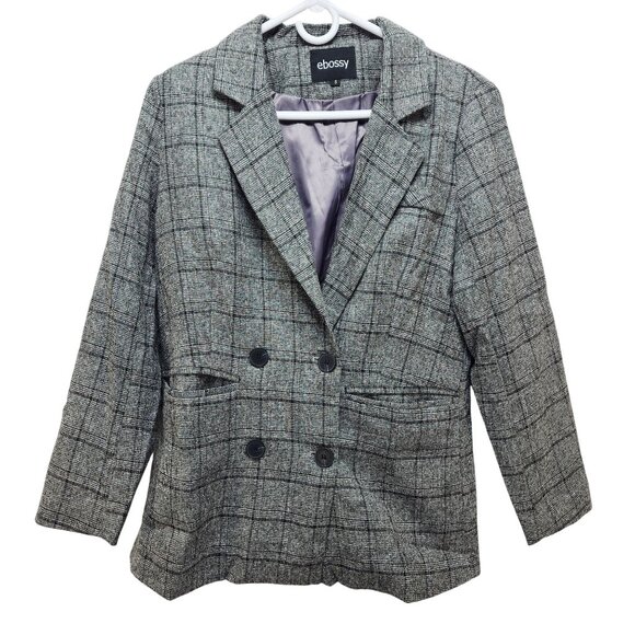 Ebossy Womens Plaid Blazer Jacket Grey & Black Double Breasted Size S - Picture 1 of 7